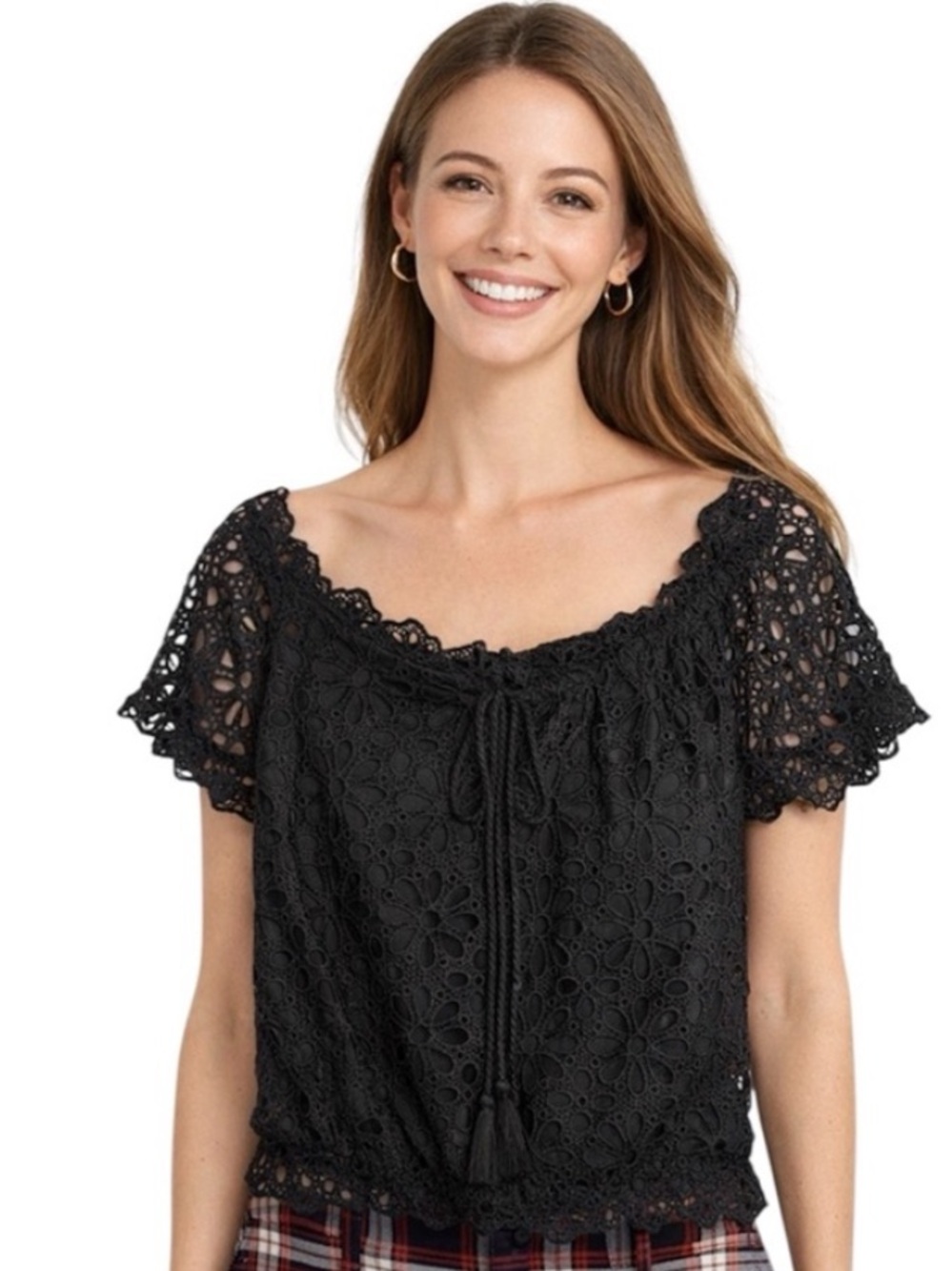 Iris Women Top Black  Off-Shoulder Tie Front Crop Top  Black Lining Size Small